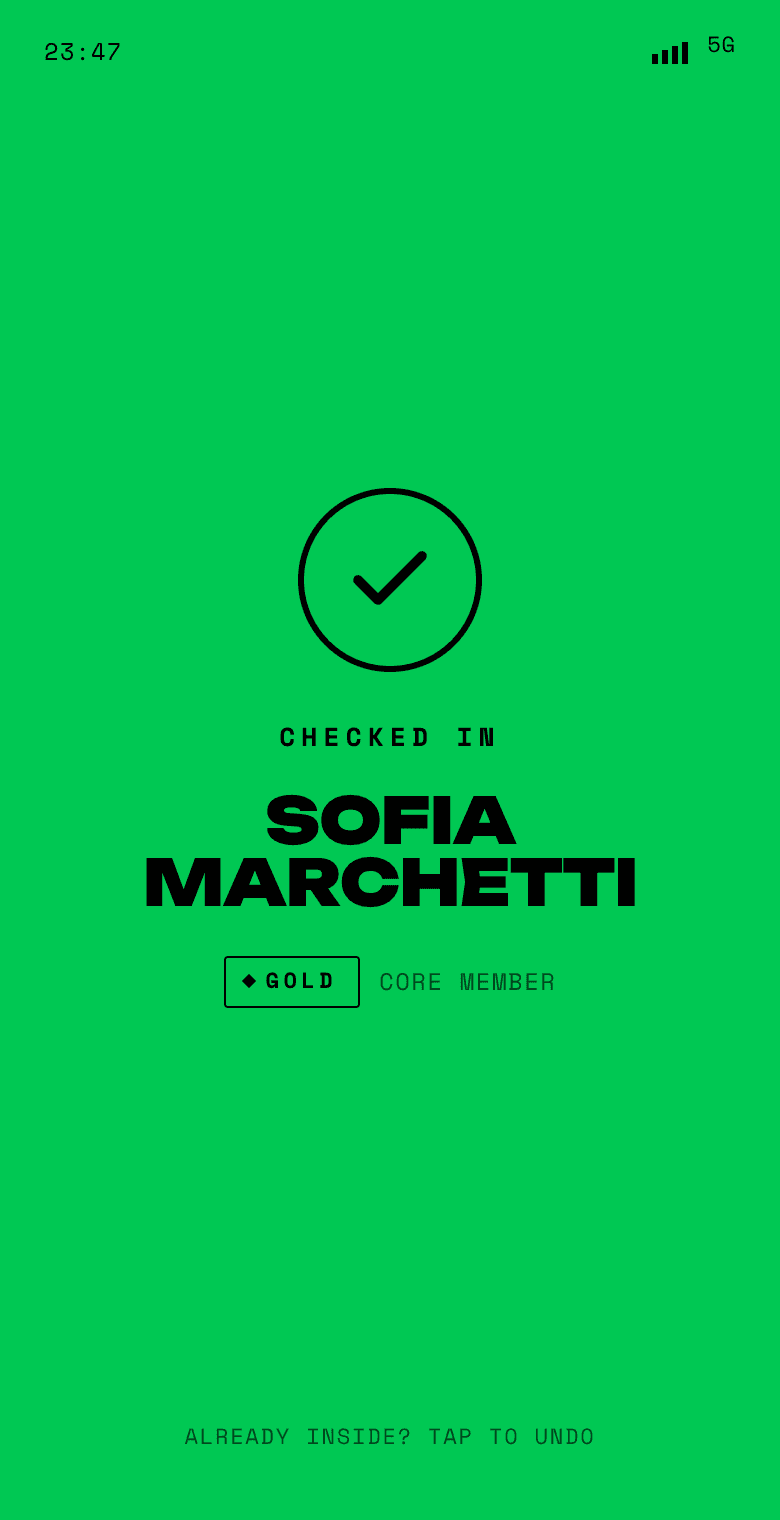 Staff check-in — membrs app screen