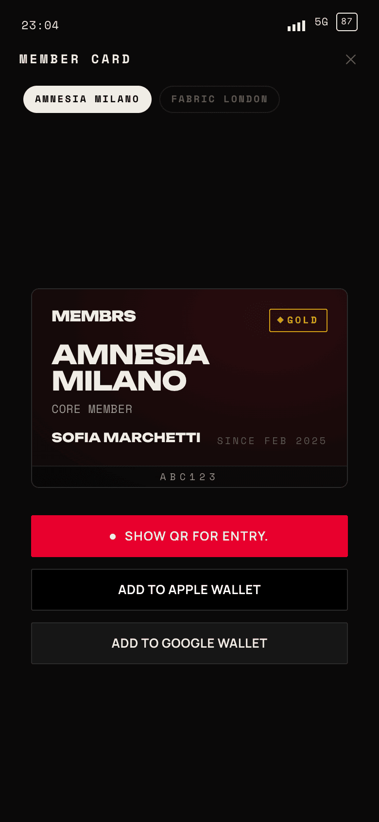 Digital card — membrs app screen